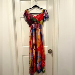 Bright floral Farm Rio inspired chiffon maxi dress size small perfect condition